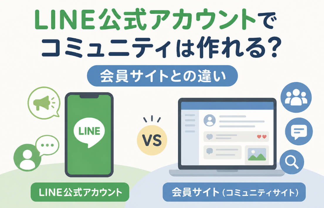 LINE公式アカウントと投稿・検索・会員管理ができるコミュニティサイトの違いを比較するイラスト