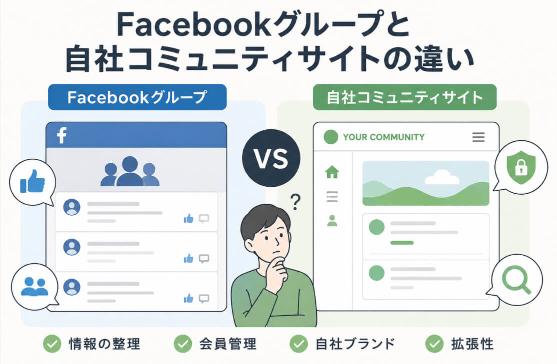 FacebookグループとSHARE infoで作る自社コミュニティサイトの違いを比較するイラスト