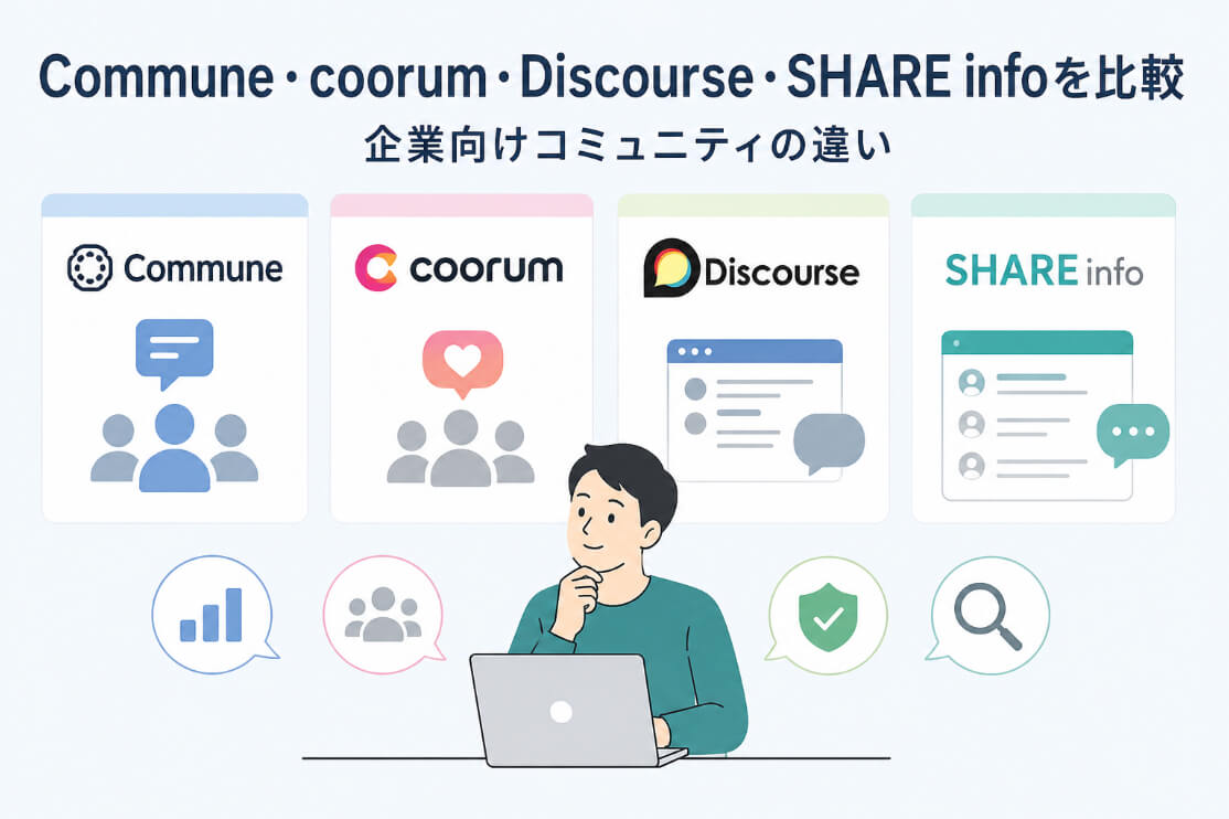 Commune・coorum・Discourse・SHARE infoの企業向けコミュニティサービスを比較するイラスト