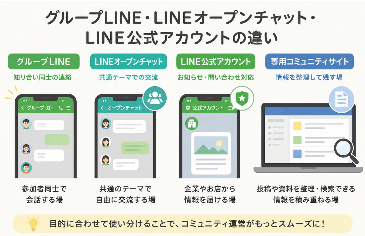 グループLINE・LINEオープンチャット・LINE公式アカウントと投稿型コミュニティサイトの違いを比較するイラスト
