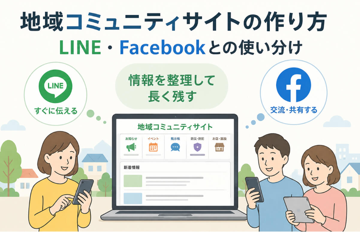 地域住民がスマートフォンとパソコンでSHARE infoの地域コミュニティサイトを利用するイメージ